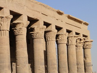 The tall carved columns inside the Temple of Isis