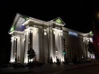 A well lit up building at night